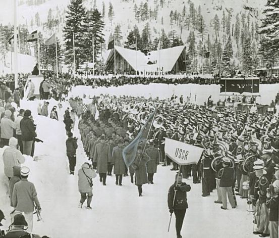 USSR Athletes enter the arena at 1960 Winter Olympics in Squaw Valley